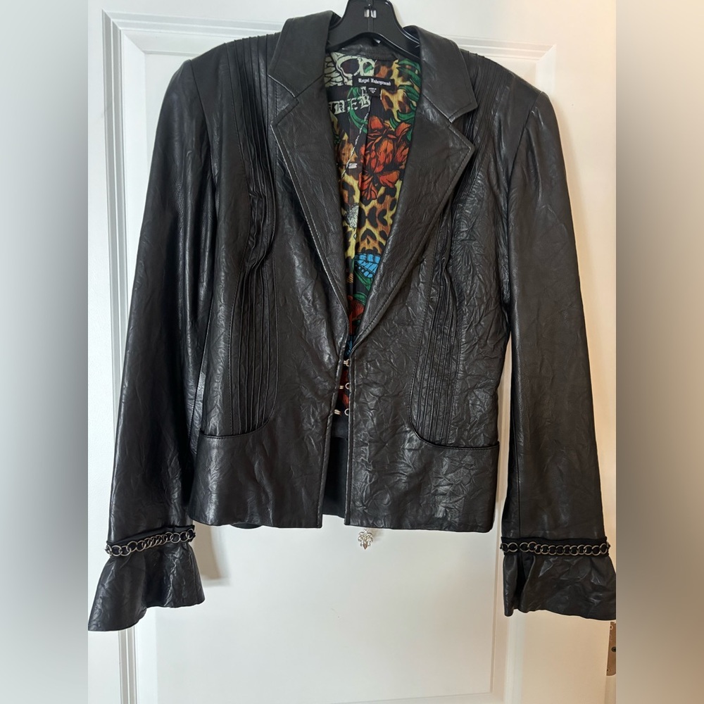Royal underground Black Leather women’s Jacket with Chain Detail size medium